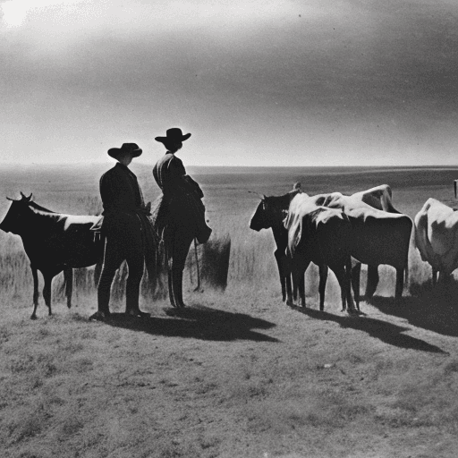 AI generated: black and white photo of 1890s cowboys looking a viewer across a plain with cattle grazing