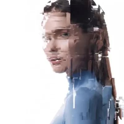 AI generated video: glitch art portrait, single woman with clearly defined edges, gaze, pure white background, clean min...