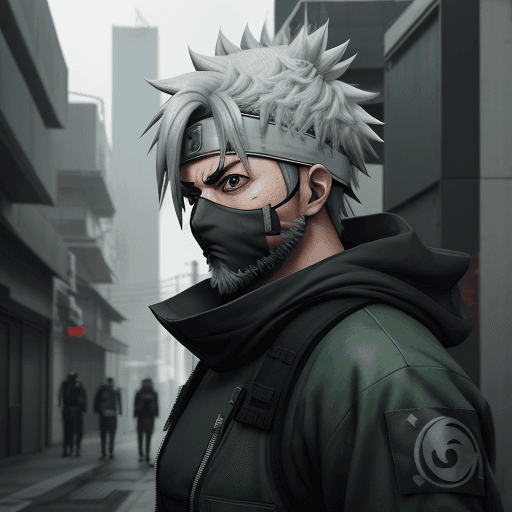 AI generated: Anime Kakashi Sensei,medium beard, cyberpunk, outdoor, street, green, hyperrealism, photorealistic, ...