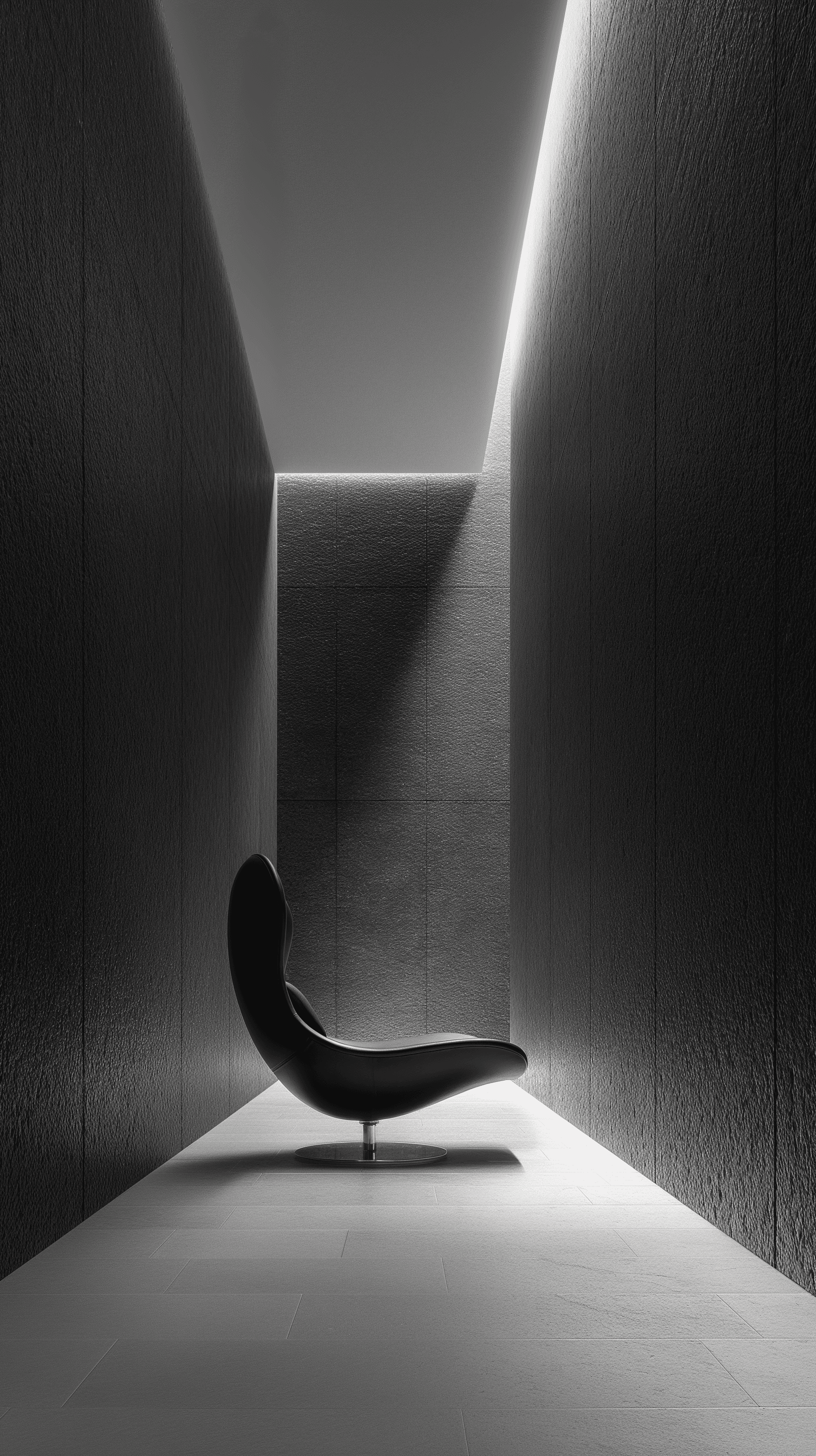 AI generated: minimalist corridor featuring high contrast between deep black walls and a bright white ceiling, nar...