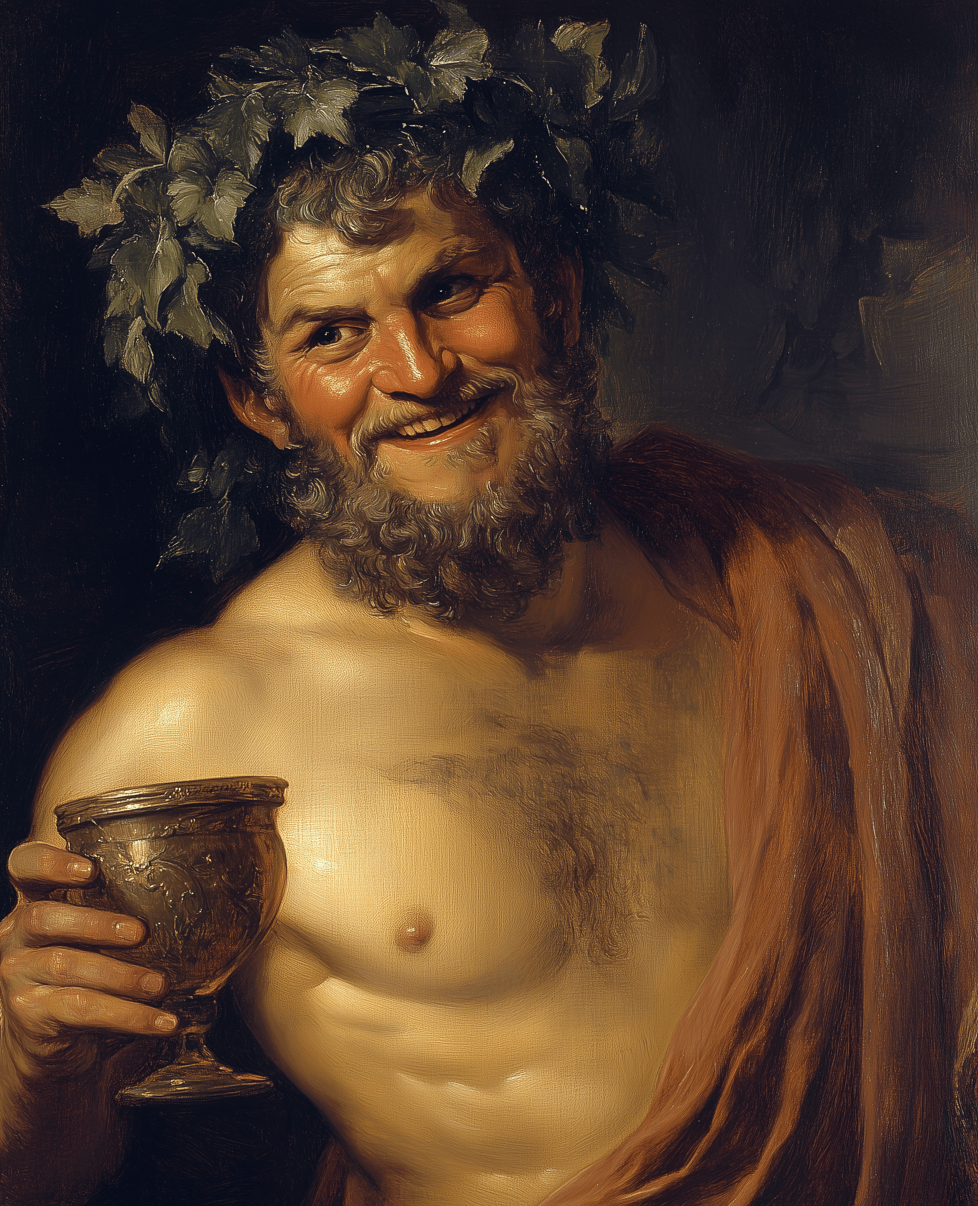 AI generated: Ancient Greek god of wine, smiling with an ivy wreath on his head and holding an ancient goblet in h...