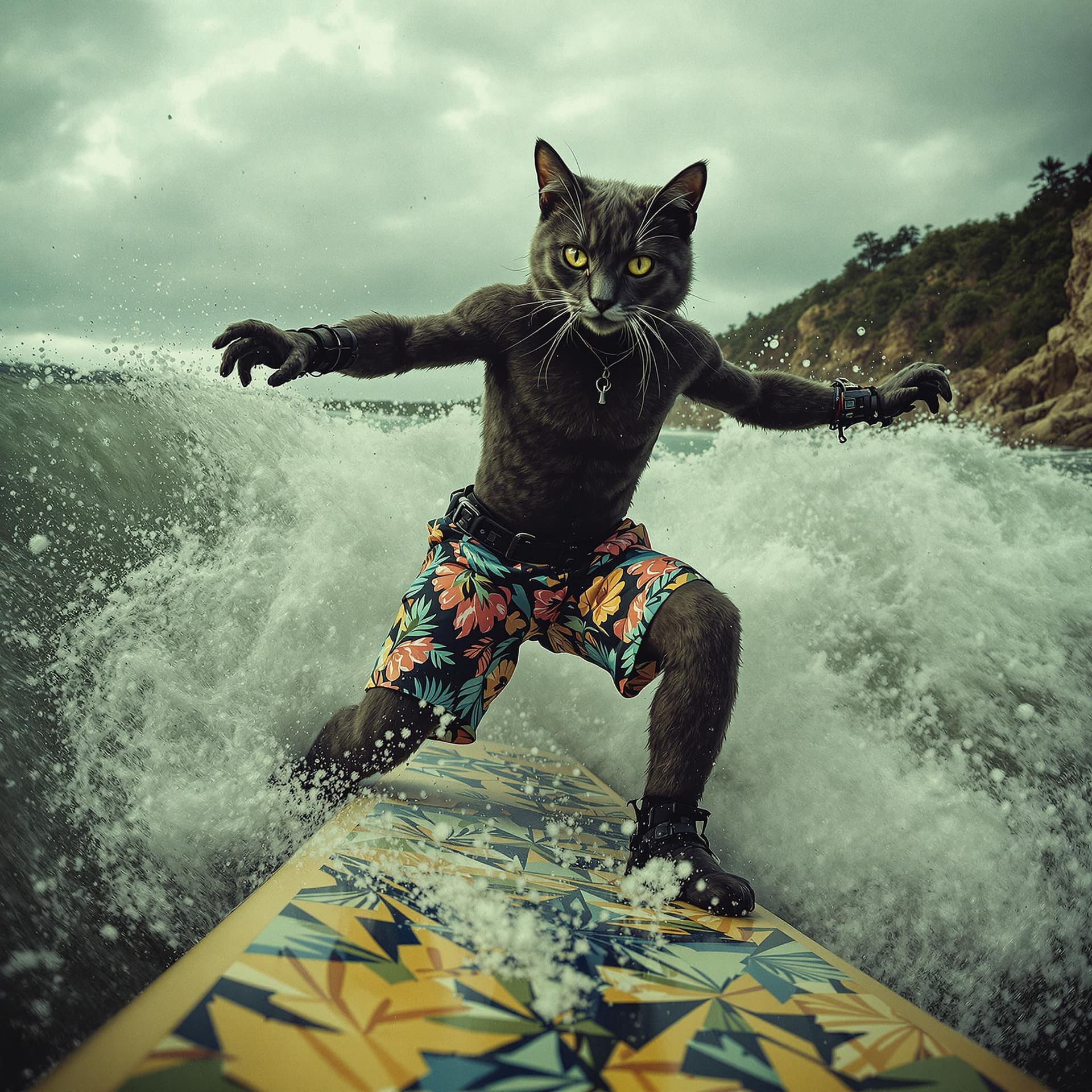 AI generated: Extreme sports, GoPro filming, a real cat dressed in surfing attire including, floral beach shorts, ...