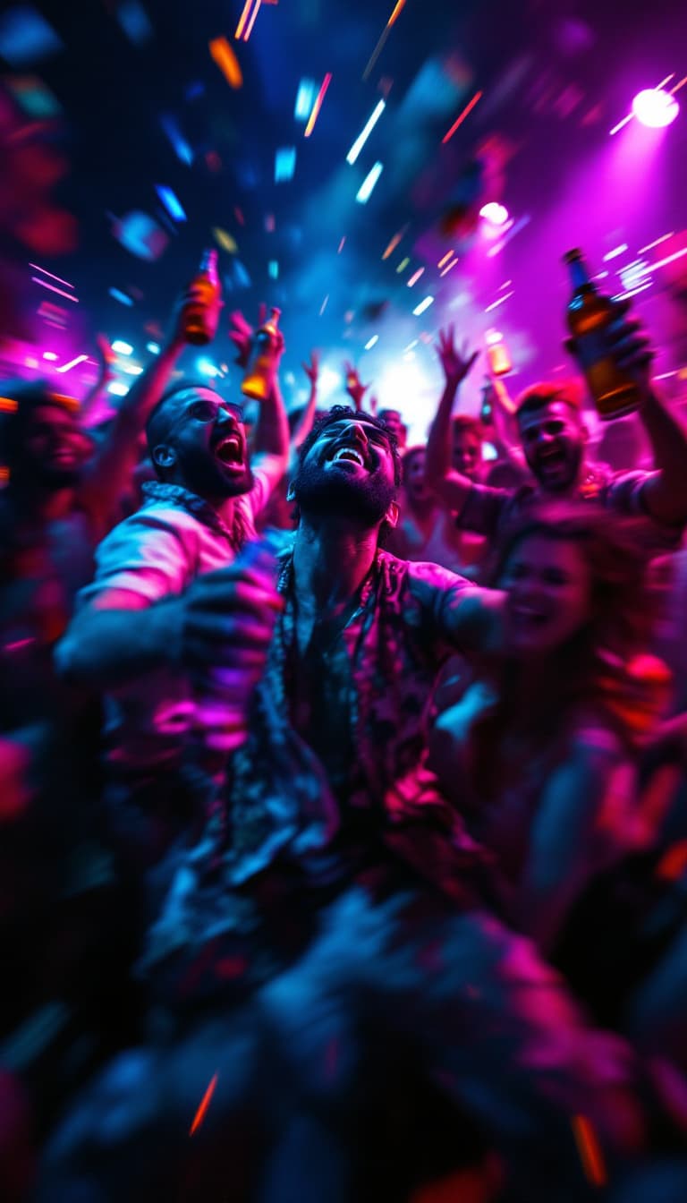 AI generated: "A chaotic, slow-motion wide shot of a wild party scene, captured with handheld, slightly shaky came...