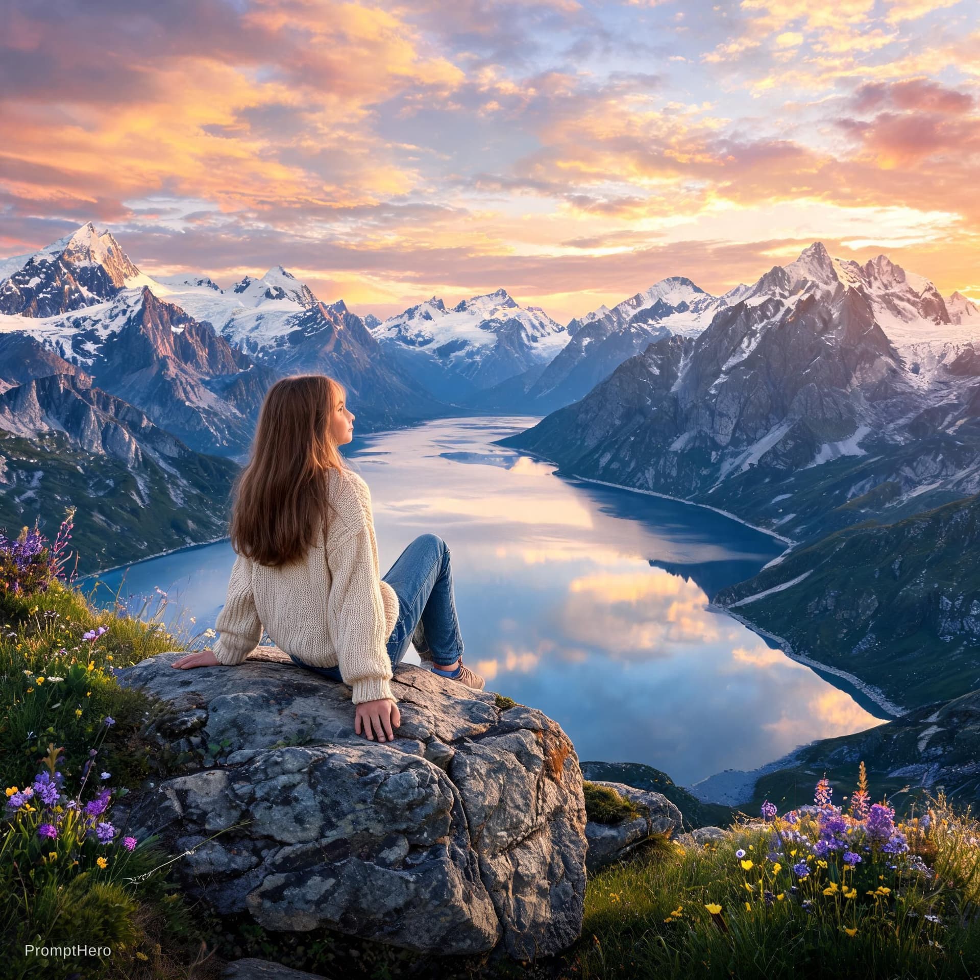 AI generated: the girl is sitting on a rock, impressive landscape