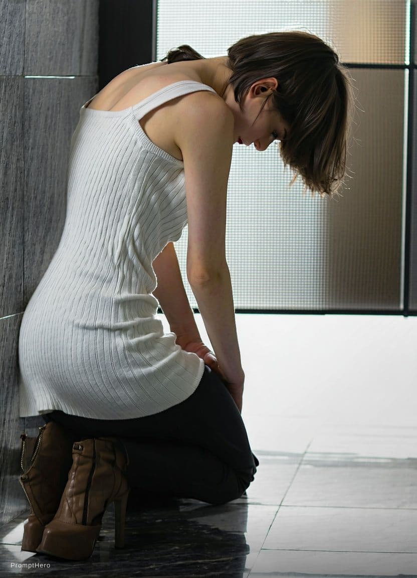 AI generated: She wear low neck dress and she kneel down behind of him 