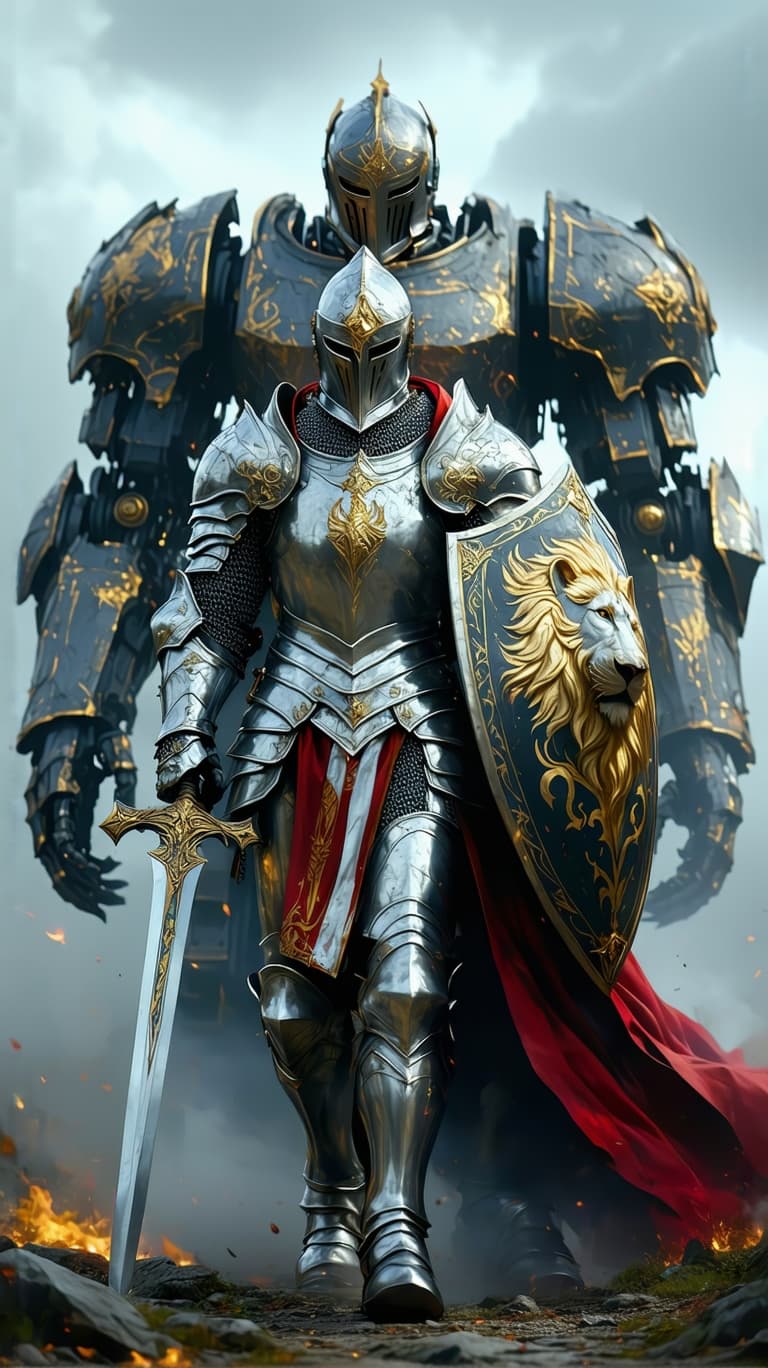 AI generated: An ultra-realistic, zoomed out, front facing, full-body portrait of a noble Paladin in gleaming silv...