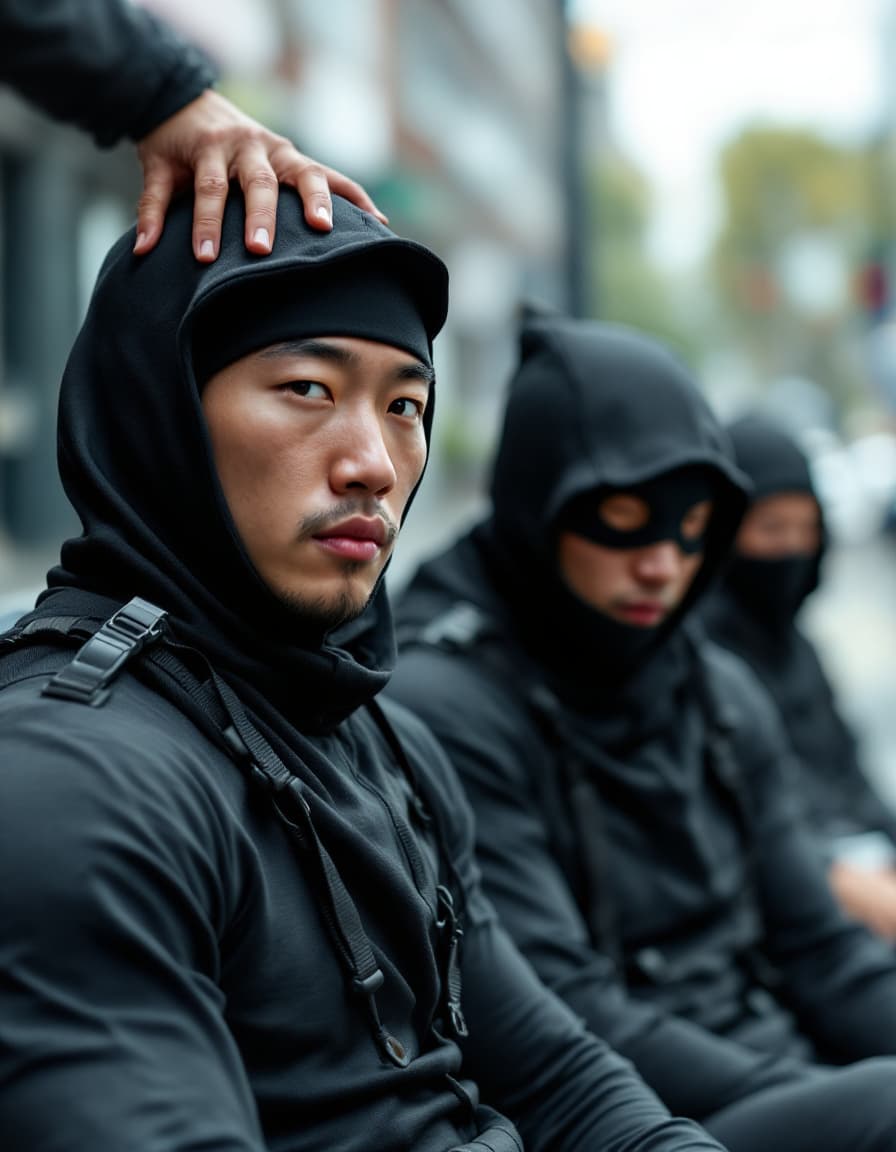 AI generated: Two male Asian Chinese strong athletes wearing compression jammers were arrested in day time. They a...