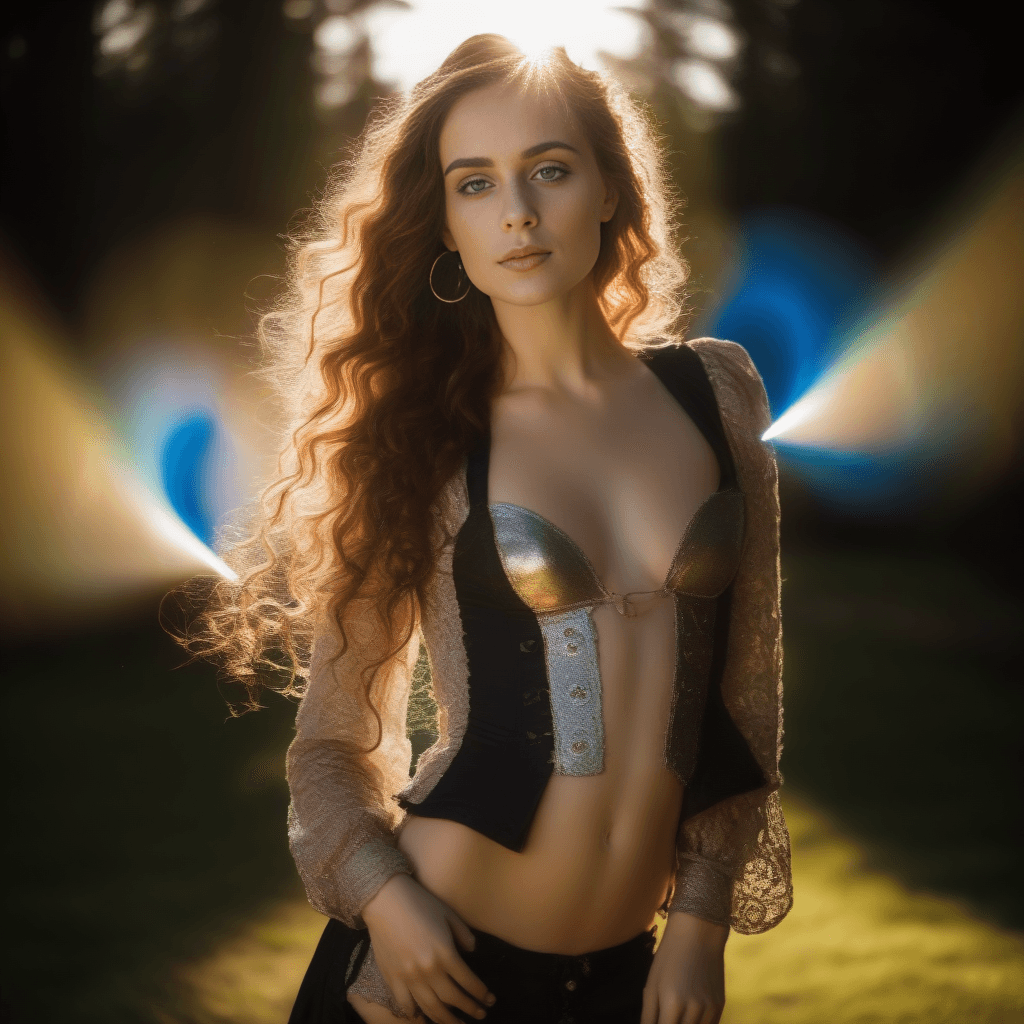 AI generated: beautiful young steampunk woman, , freckles in the face, in a yard, long very curly hair, intrincate...