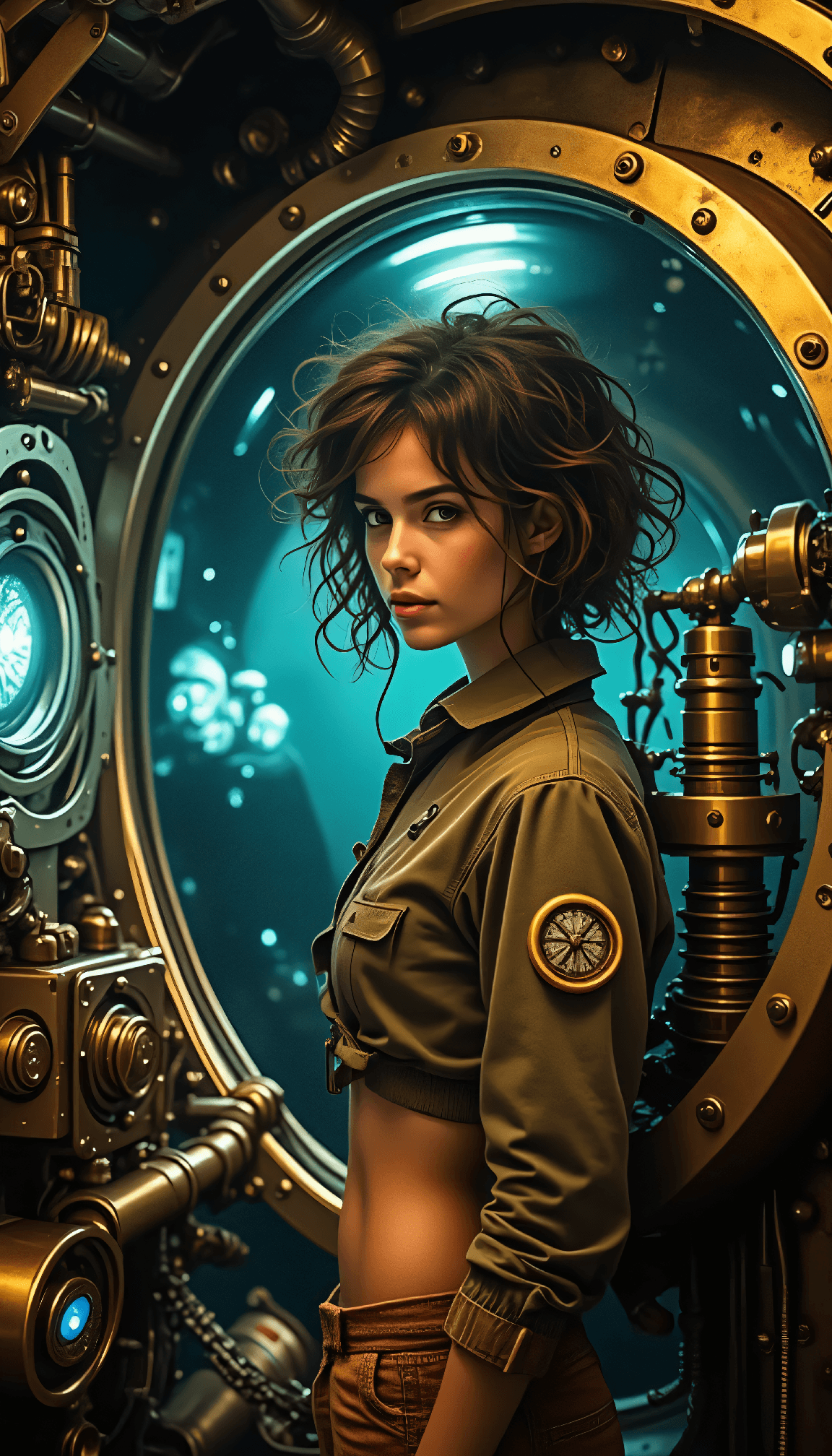 AI generated: dystopian style Mid-twenties woman with messy short natural hair and fit physique wearing Cropped sh...