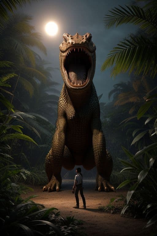 AI generated: Hyper realistic eye level exterior photo of crocodile monster, in the jungle, at nighttime, furry-dr...