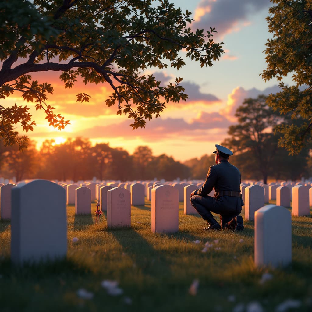 AI generated: "Photo-realistic 3D illustration of a solemn Memorial Day ceremony at sunset in Arlington National C...