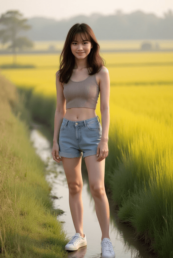 AI generated: A young woman, light-skinned and with long, dark brown hair, stands outdoors in a field setting.  Sh...