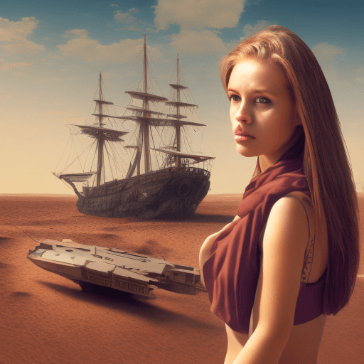 AI generated: create a realistic picture of a girl in the desert with a strandet ship in the background and a piec...
