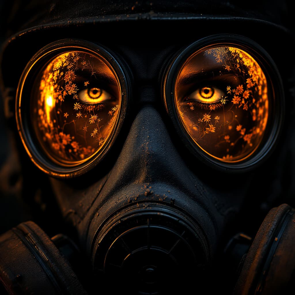 AI generated: A close-up shot of a Chernobyl liquidator's gas mask, filling the frame with gritty, realistic detai...
