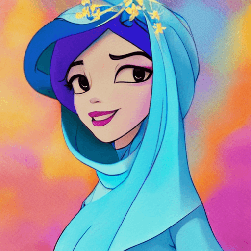 AI generated: Beautiful Disney Princess Jasmine with hijab, magical, celestial, vivid color palette, illustration,...
