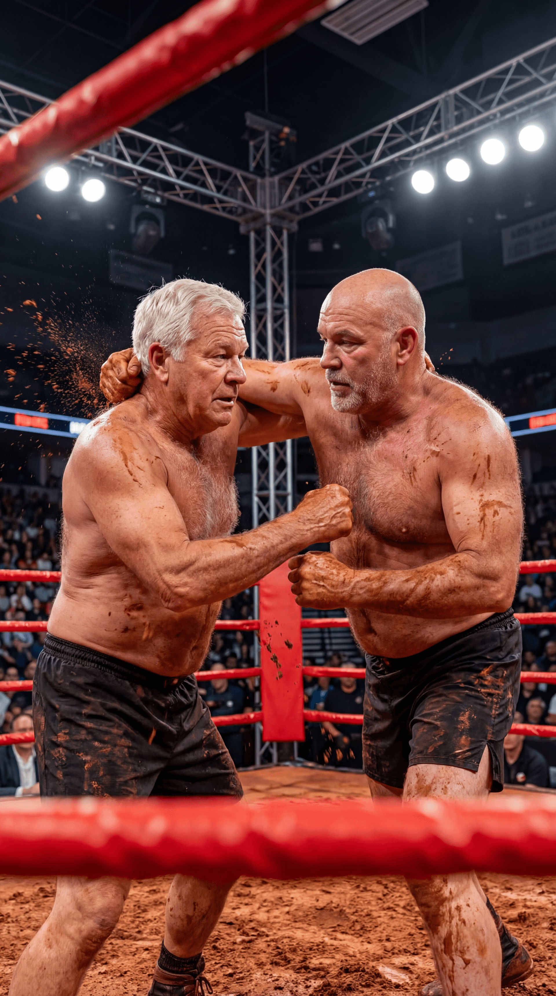 AI generated: PROFESSIONAL SPORTS PHOTOGRAPH
AMERICAN RED CLAY MUD WRESTLING — BOXING RING — VERTICAL 9:16
ASPECT ...