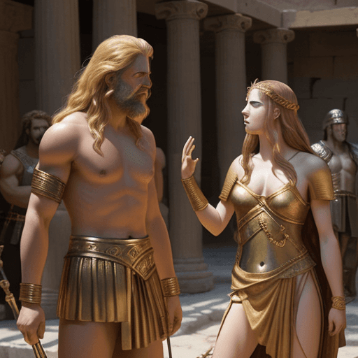 AI generated: Greek mythology Trojan War: Agamemnon and Achilles quarrel over Briseis, a slave girl.