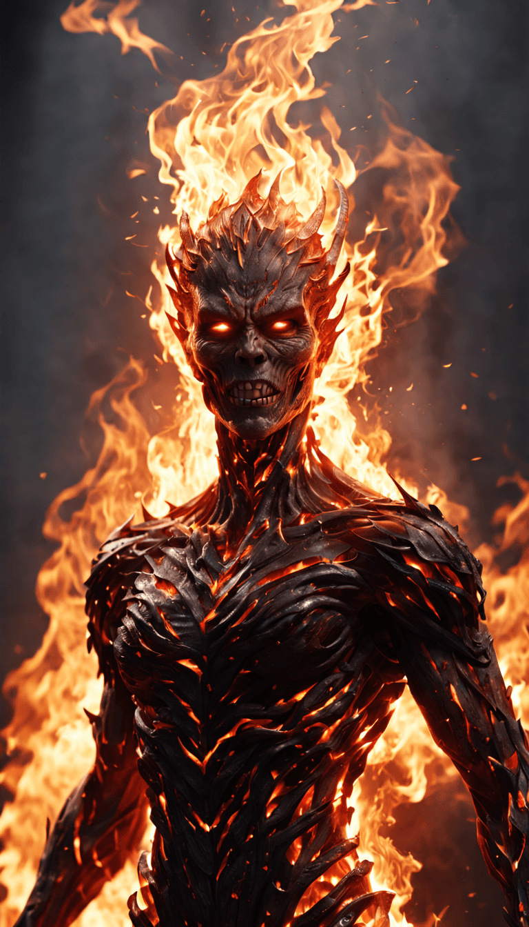 AI generated: picture of <lora:fire giant> inside human sceleton. The face is extremely angry and rouge, ready to ...