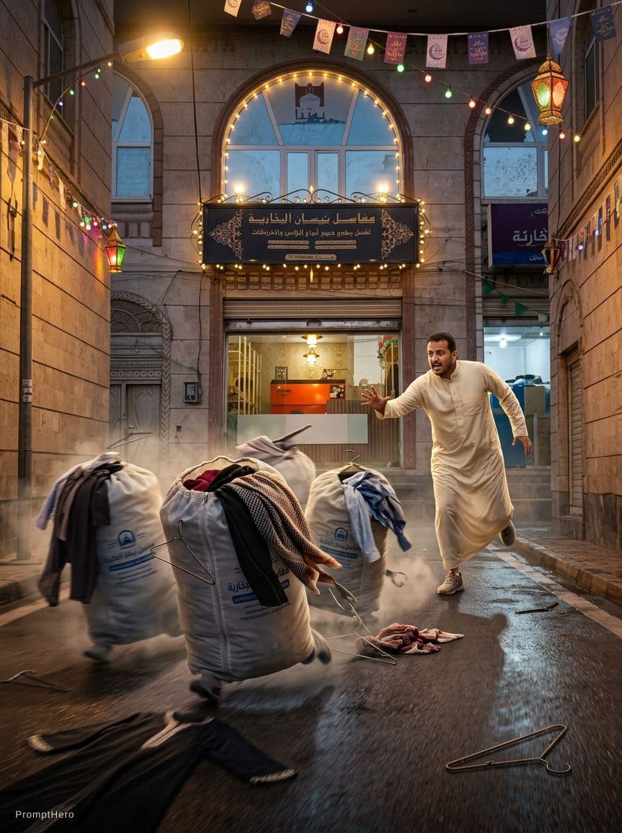 AI generated: Surreal yet highly realistic action chase scene at night before Eid with festive street lights and c...