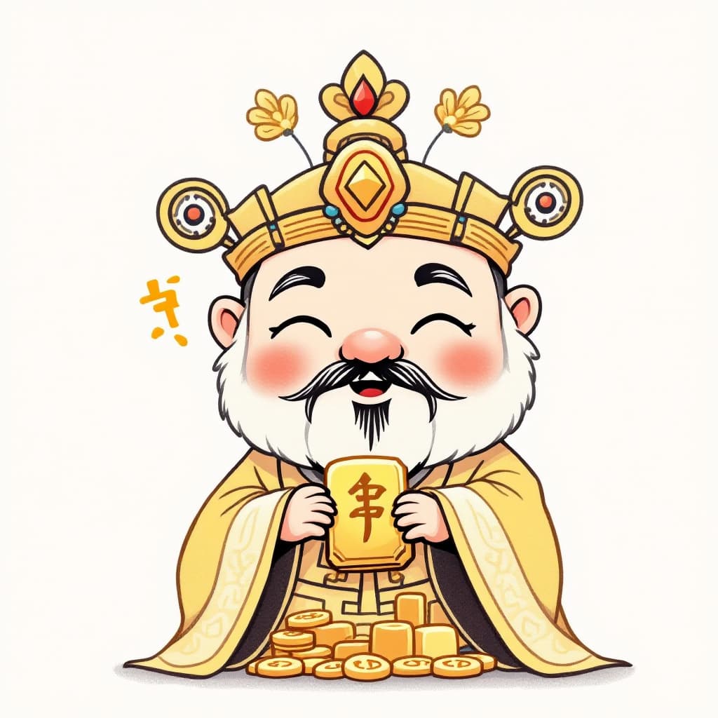AI generated: Draw a cute Q version of the Chinese God of Wealth. Cute face. The corners of his mouth were slightl...
