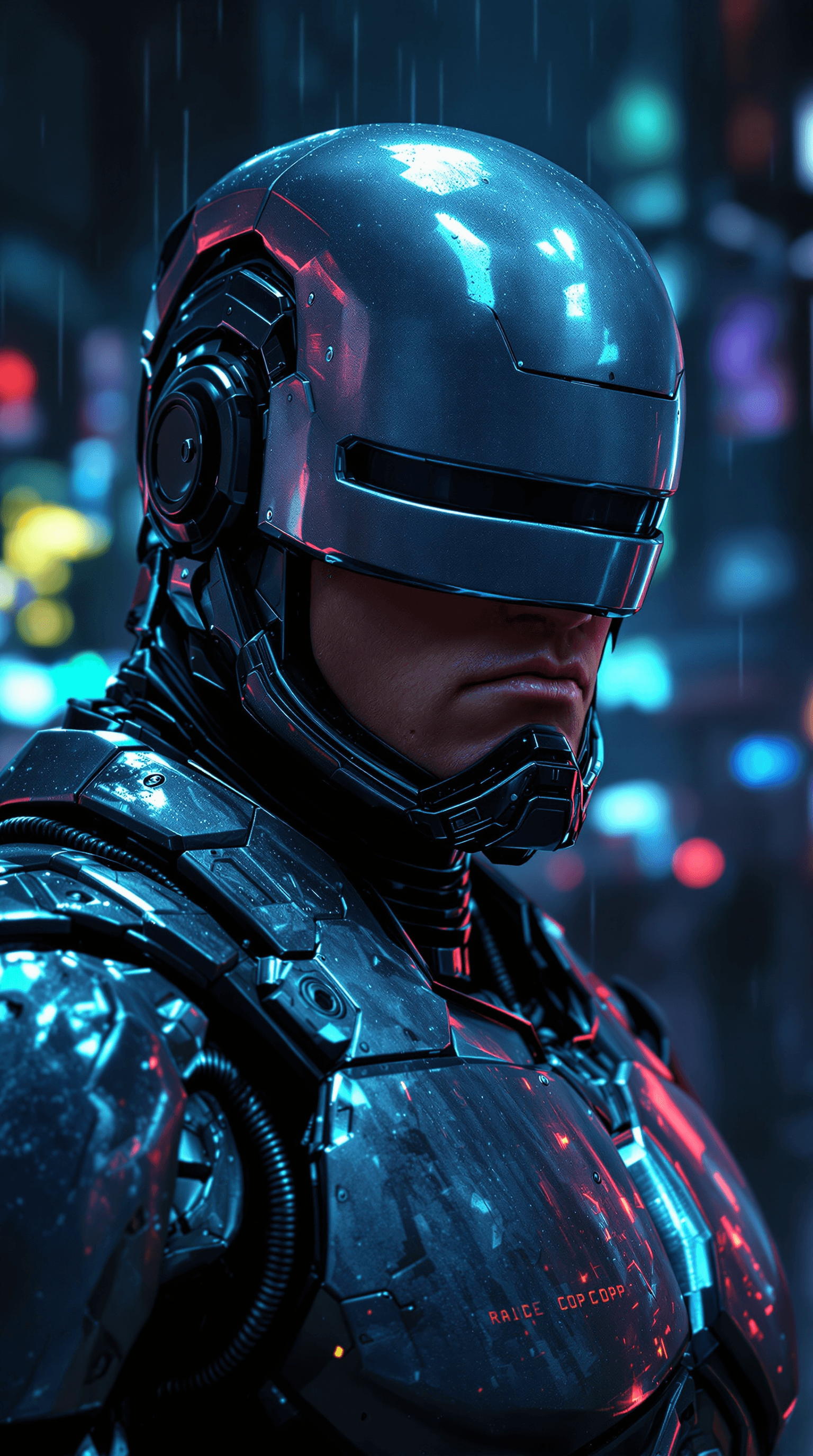 AI generated: A highly detailed, ultra-realistic depiction of RoboCop without his helmet, revealing his human face...