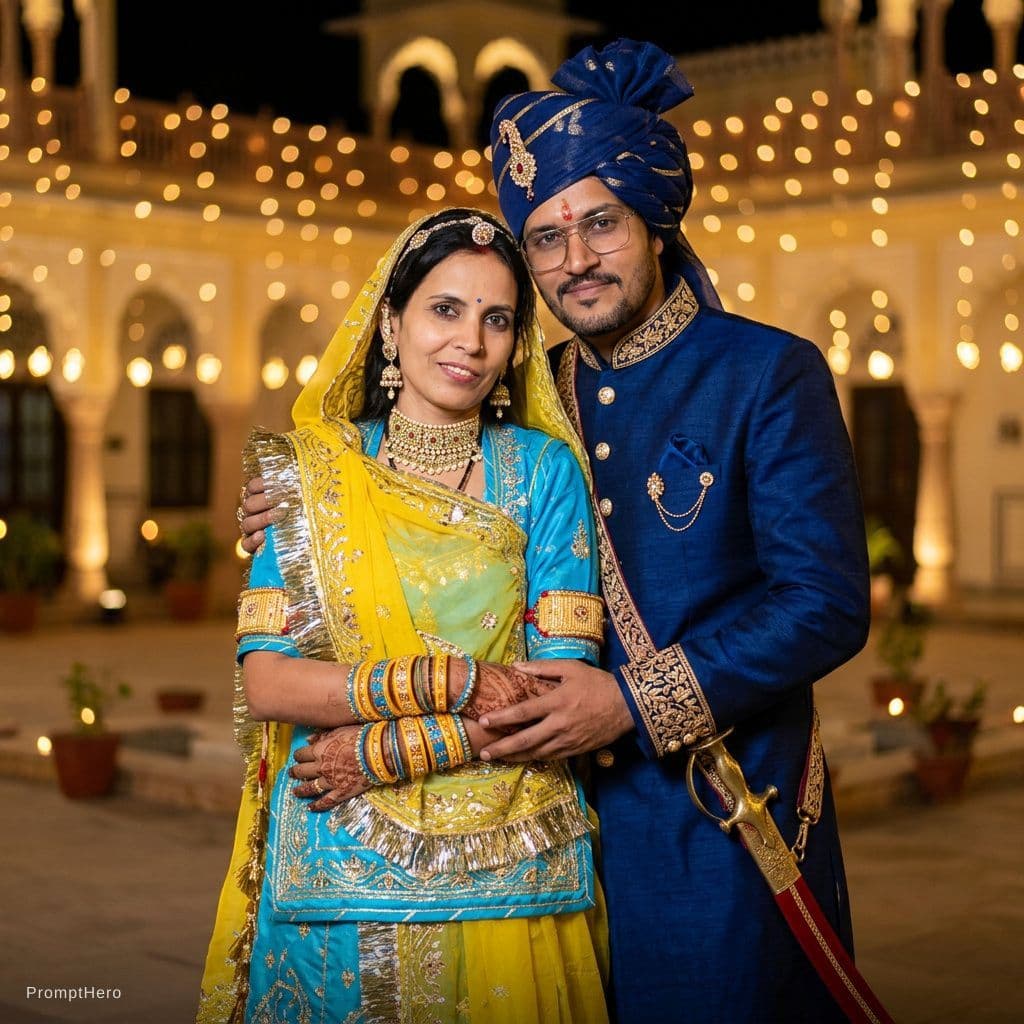 AI generated: A couple image cinematic images women and men in rajputi dress super realastic