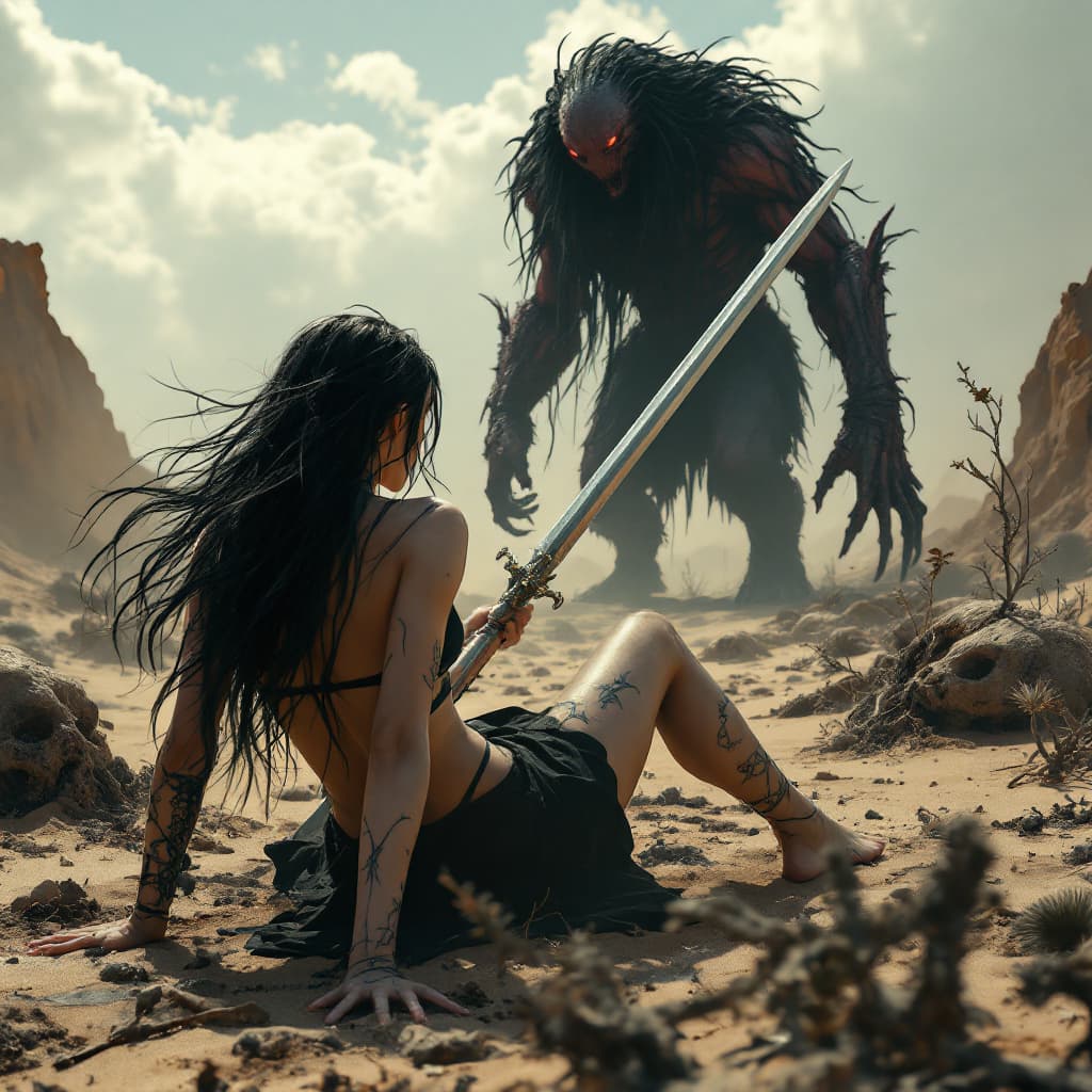 AI generated: A beautiful black hair woman crawls in a desert wasteland, seen from behind. black thong bra, black ...