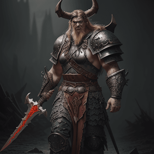AI generated: World of Warcraft illustration of a large viking character with swords, dark bronze and red, crumple...