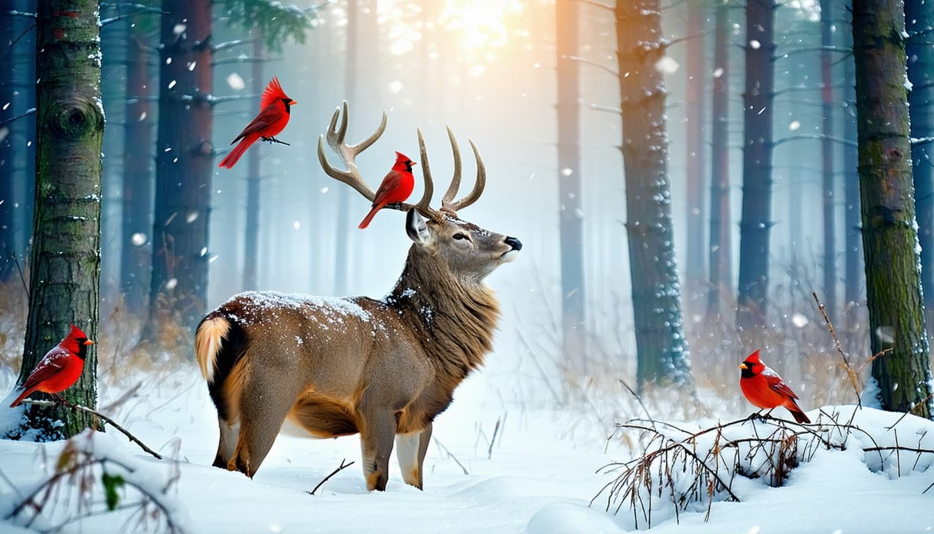 AI generated: Serene winter forest illustration. Majestic brown stag looking up, two red cardinals perched on its ...
