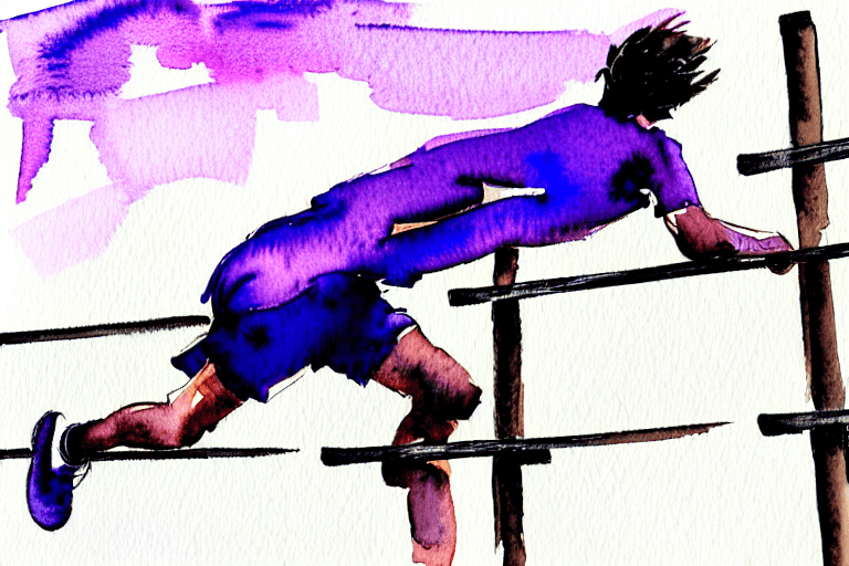 AI generated: person looking up at tall hurdles, watercolor and pencil black and white and light purple