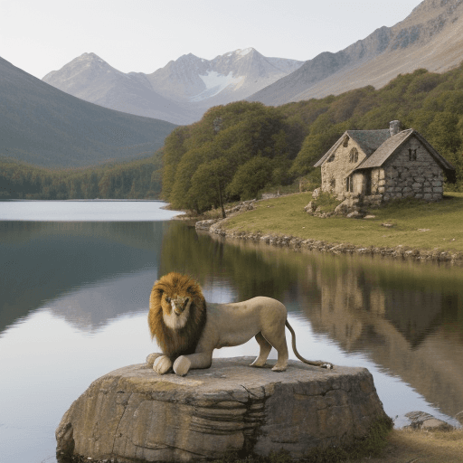 AI generated: lion and a young sheep sitting on a rock, next to a lake and a simple house in the background