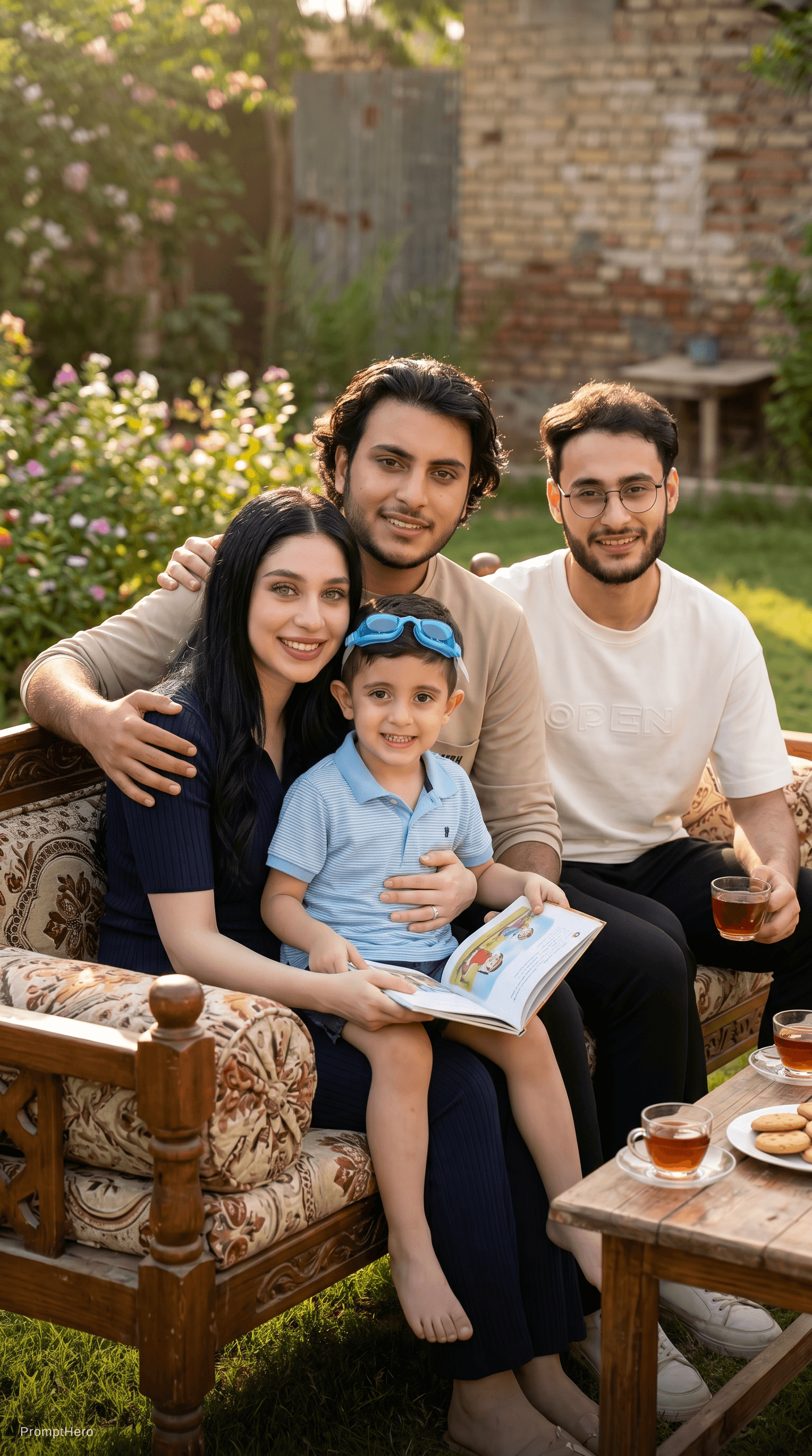 AI generated: Make the people in these reference images sit together in a nice family gathering, united in love an...