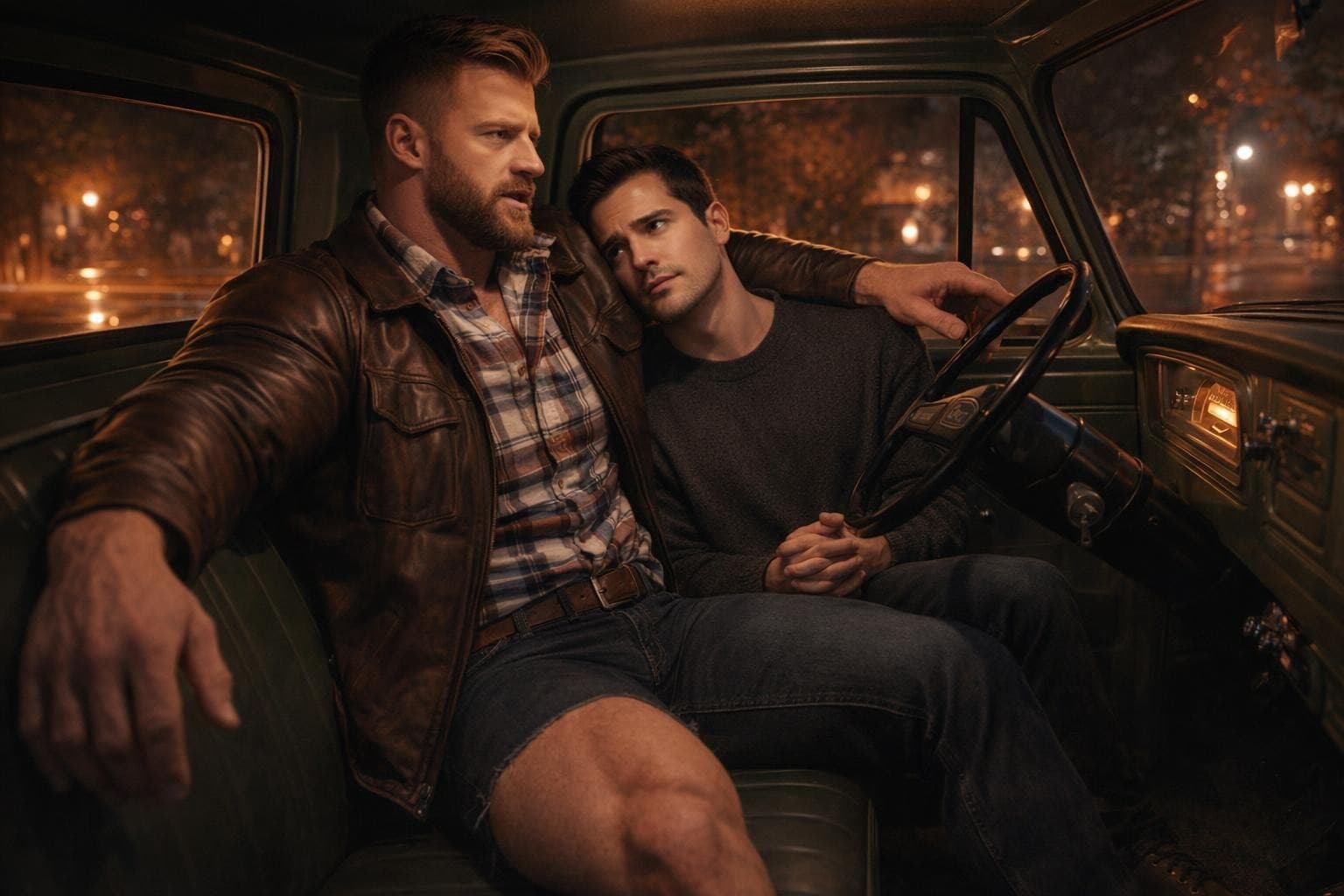 AI generated: In an Autumn night, the bodybuilder is driving a vintage Ford olive green pick up truck. he has one ...