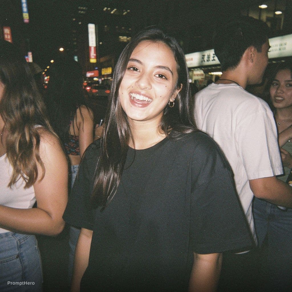AI generated: photography, snapshot, disposable camera style, young korean girl, wearing a black oversized t-shirt...