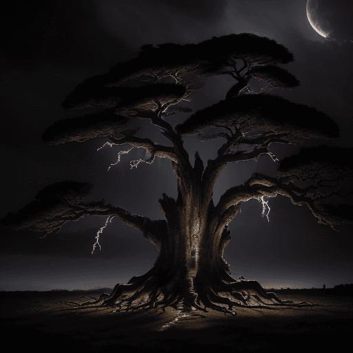 AI generated: A dramatic, atmospheric scene of an ancient cypress tree near the edge of a historic Aztec city. The...