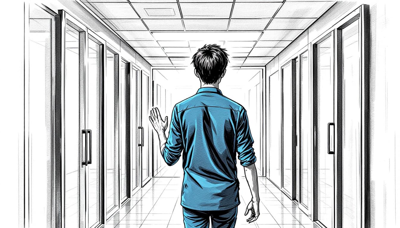 AI generated: Monochrome pencil sketch style with soft shading and clear linework. A Japanese female worker is wal...