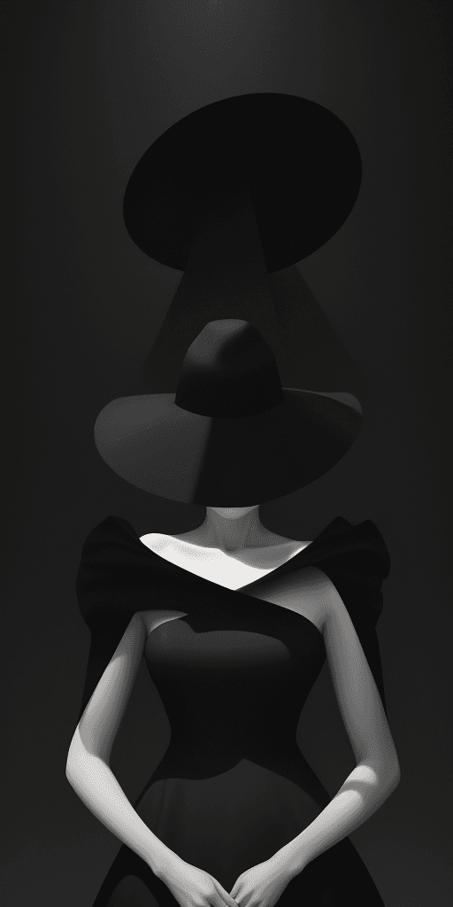 AI generated: a woman in a black dress is wearing a big hat to the right, in the style of clever use of negative s...