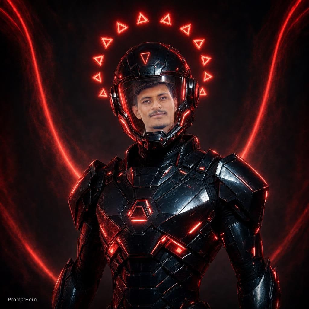 AI generated:  futuristic cyborg boy featuring a captivating reflective cybernetic helmet adorned with glowing tri...