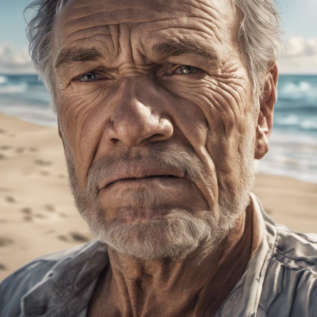 AI generated: A photo that realistically portrays a middle-aged man's face, close up, at a serene beach, capturing...