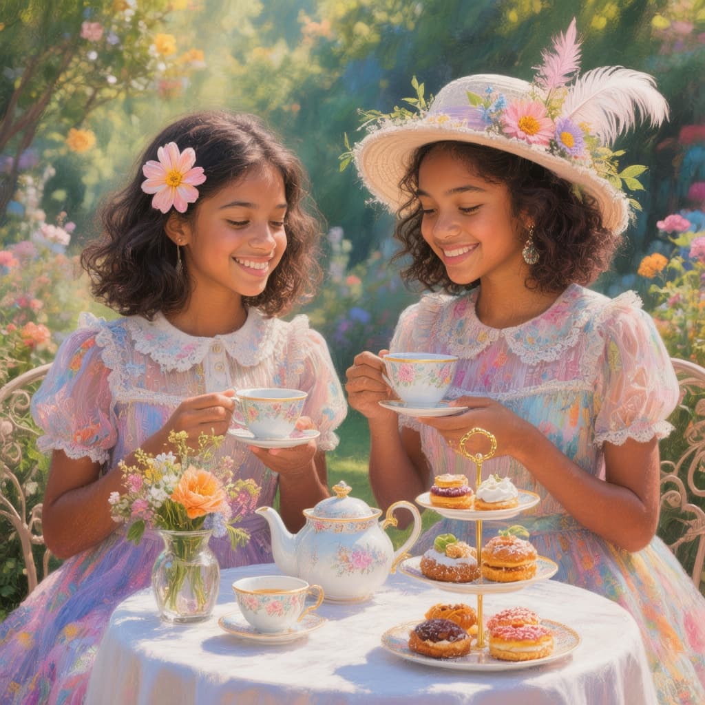 AI generated: airbrushed, painterly, vibrant colors, garden tea party, 2 brown-skinned young ladies wearing pastel...