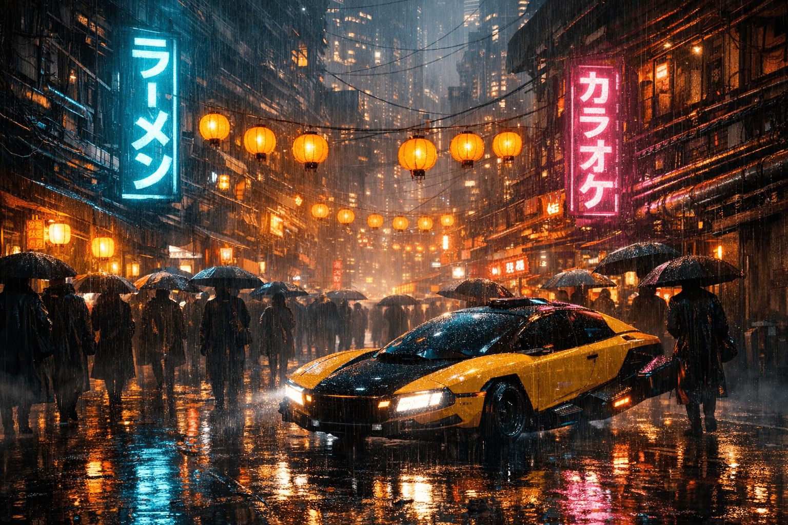AI generated: A dense, rain-drenched cyberpunk alley at night in a futuristic Japanese megacity, heavy downpour wi...