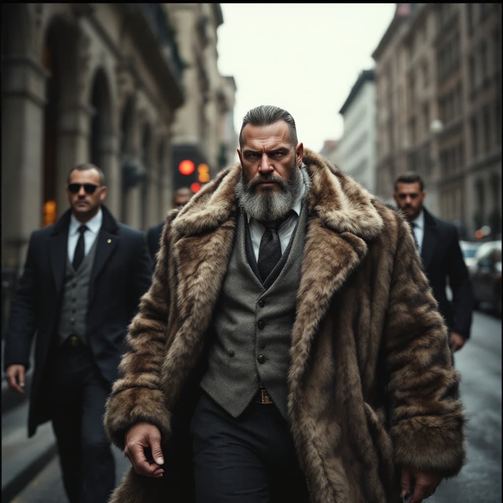 AI generated: A rich and muscular man dressed in furs without a beard or glasses walks along a wide street, accomp...