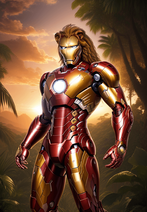 AI generated: /image Majestic Pose of Lion King Iron Man, Golden, Exquisitely Detailed, Rendered in LuxCore, Lush ...