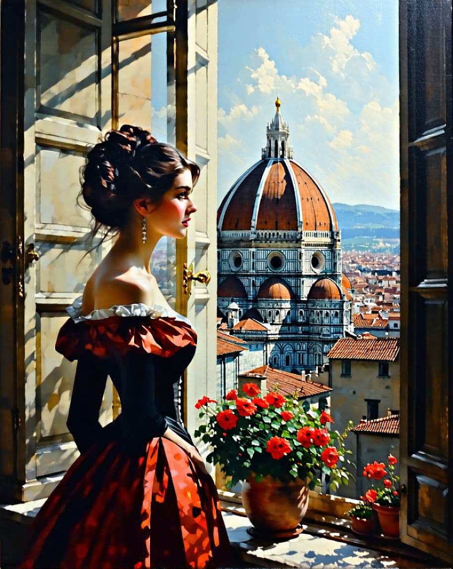 AI generated: Stunning oil painting on canvas Robert Burns (1869 - 1941) - Portrait of a Lady at a Window Overlook...