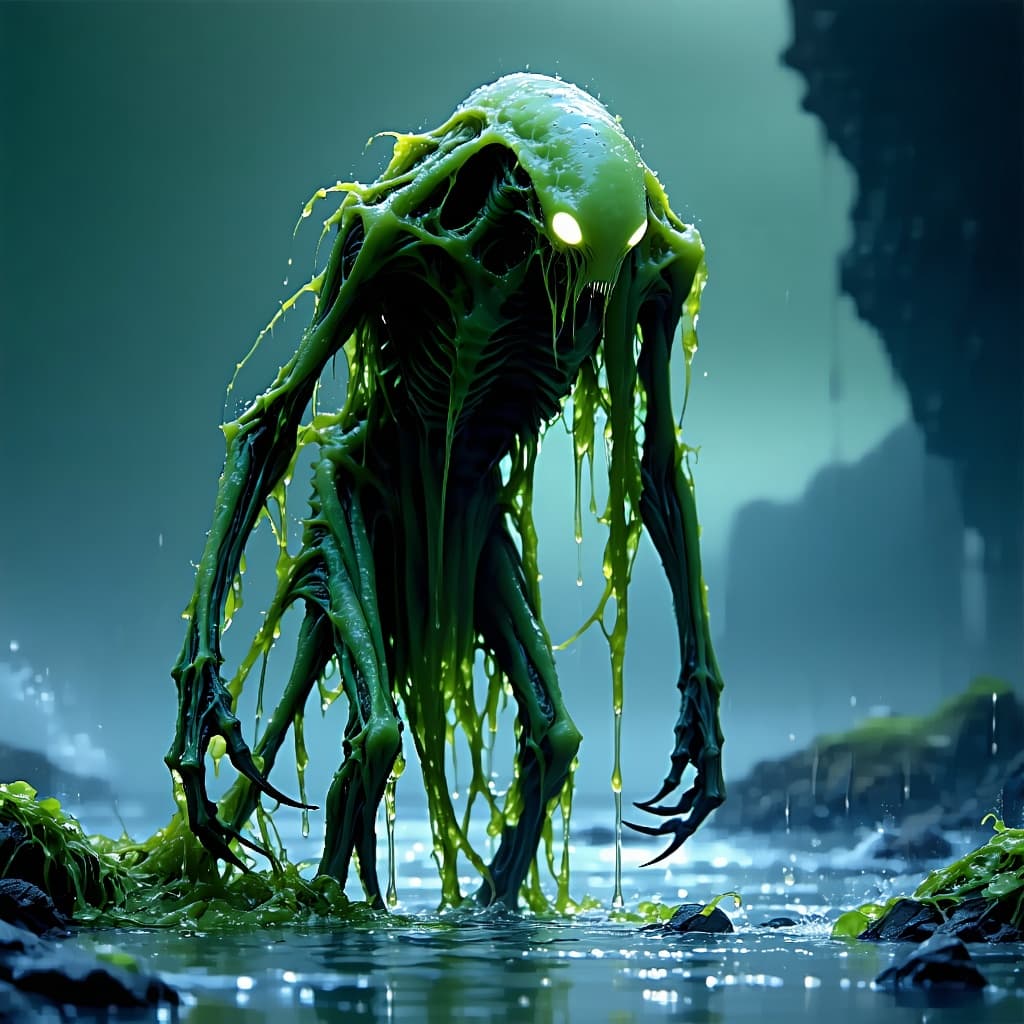 AI generated: amphibious humanoid creature with wet, barnacle-covered skin, long webbed fingers, glowing pale eyes...