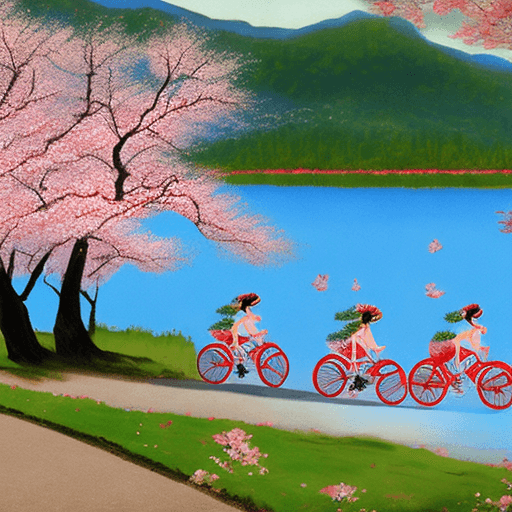 AI generated: Blue lake, cherry blossoms in full bloom, girls riding bicycles