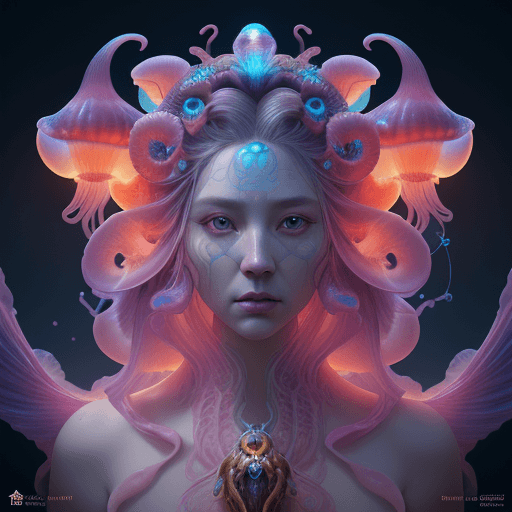 AI generated: Goddess close-up portrait ribcagel. jellyfish phoenix head, nautilus, orchid, skull, betta fish, bio...