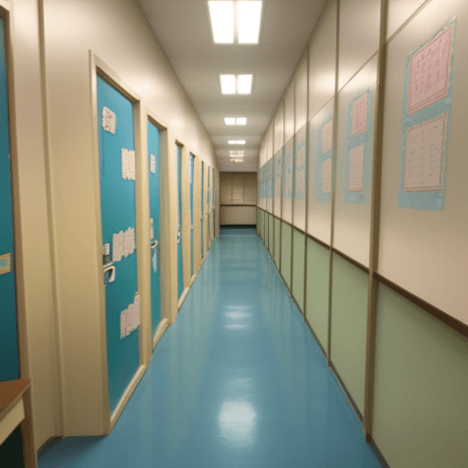 AI generated:  in school classroom corridor cute theme

