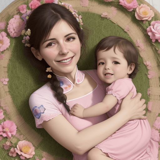 AI generated: Una mamá con su bebé china sonriente, de 3 meses, con un vestido rosado, en el pasto con muchas flor...
