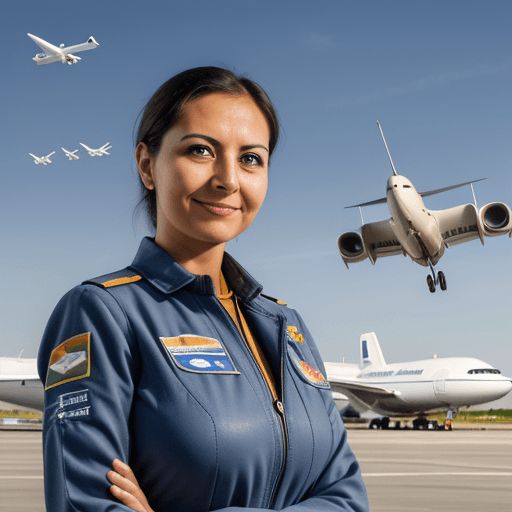 AI generated: a portrait of a proud pilot, in the background is a flying airliner, also flying ducks are infront o...